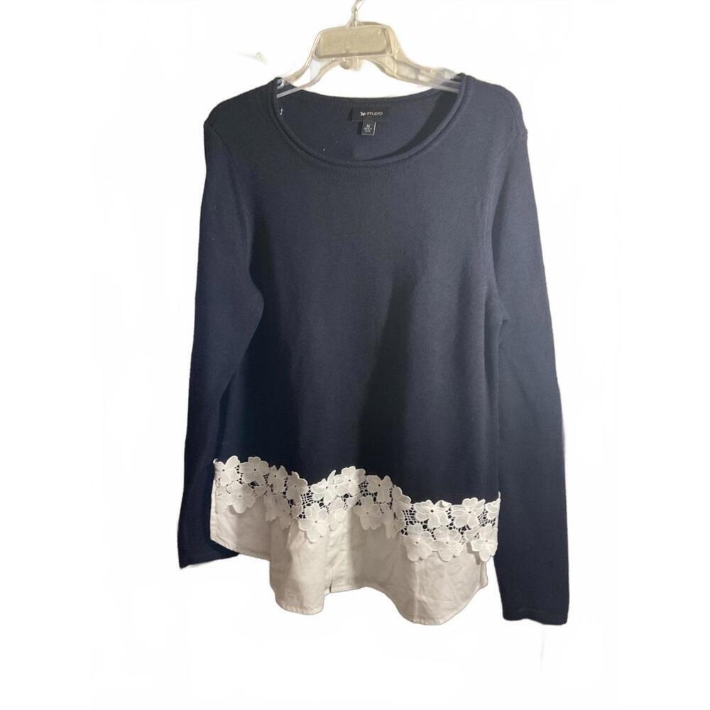AB Studio Navy Sweater with White Lace Detail XL